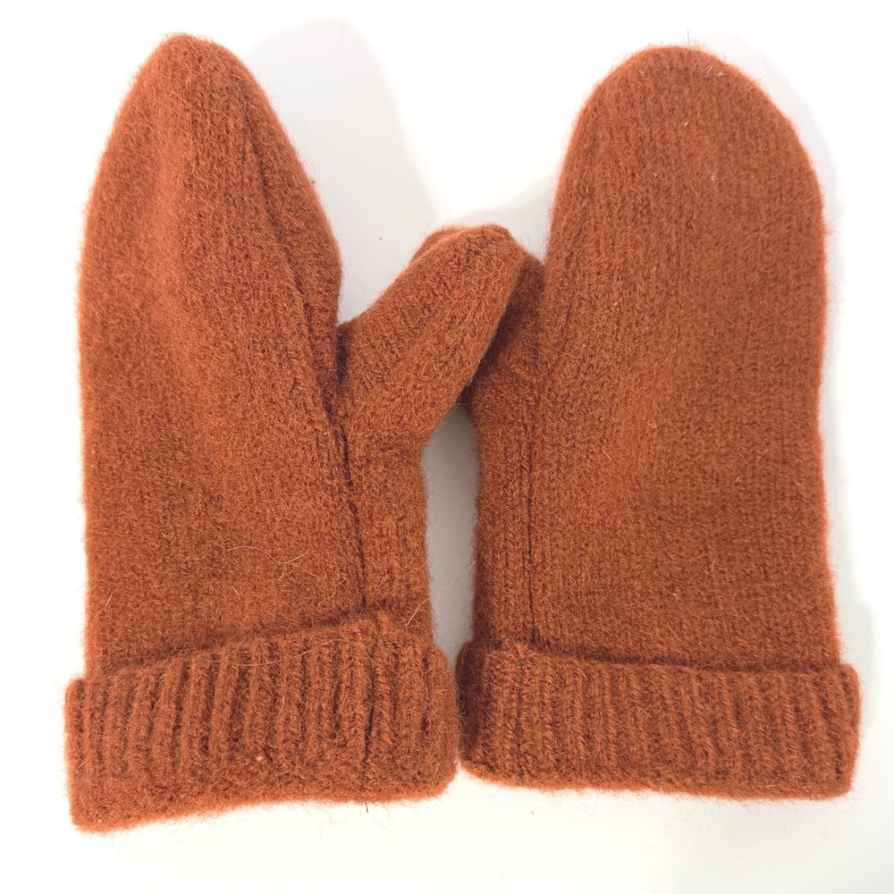 Handmade Rust Orange Knit Mittens Fuzzy Winter Warm Ribbed Cuff Women One Size